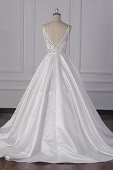 Elegant Satin V-Neck Wedding Dress Lace Appliques Sleeveless Bridal Gowns On Sale-27dress